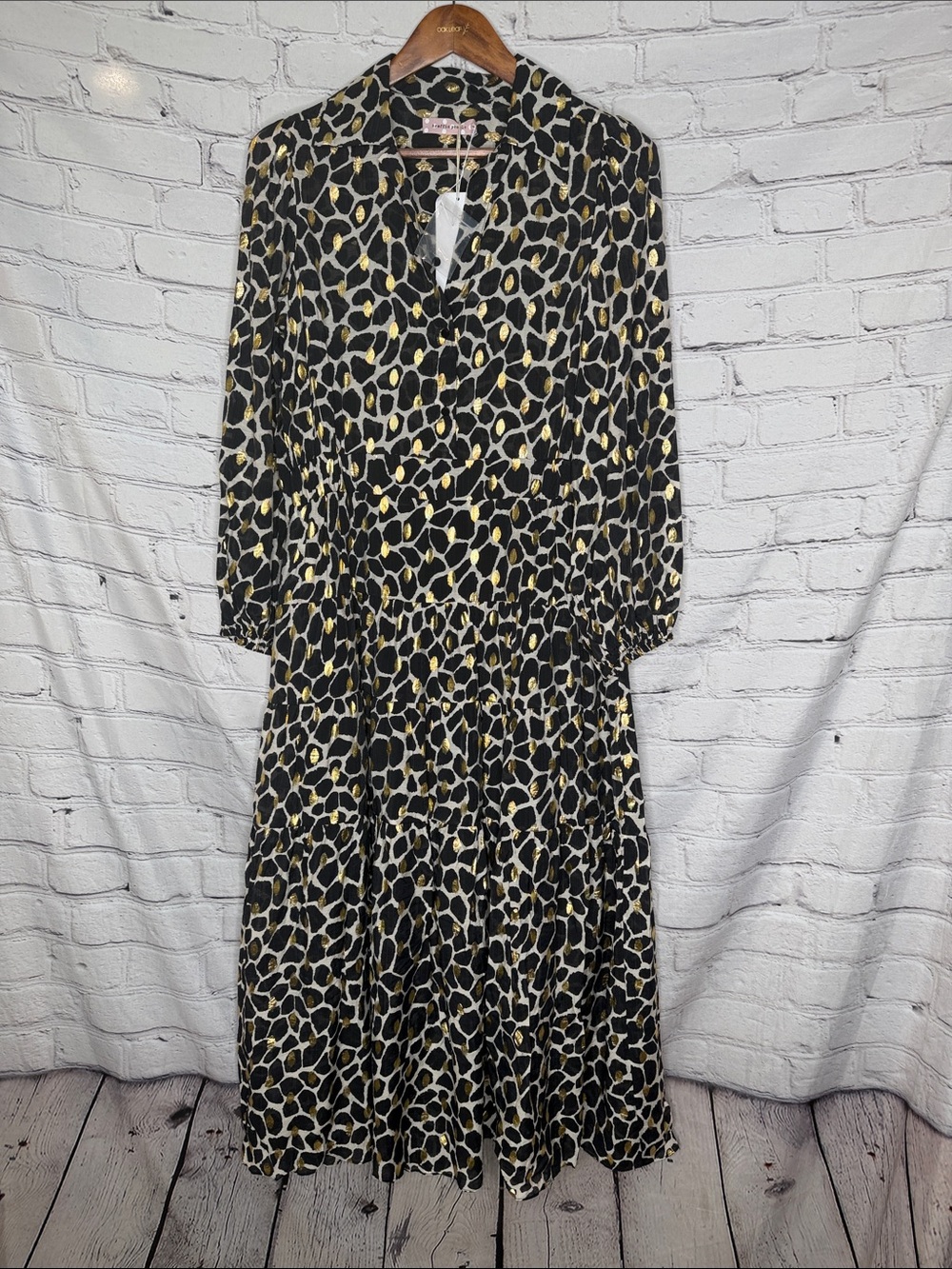 Traffic People Metallic Gold & BLack Leopard Print Long Sleeve Dress Size Medium